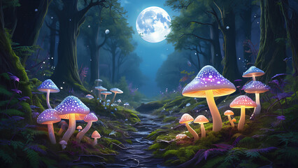 Magical Forest with Glowing Mushrooms in Violet, Pink, and White – Soft Light Fantasy Landscape