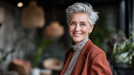 Elegant smiling mature woman with short gray hair posing indoors in cozy environment.