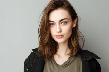 Fototapeta premium Elegant young woman with brown hair and blue eyes wearing casual clothing portrait.