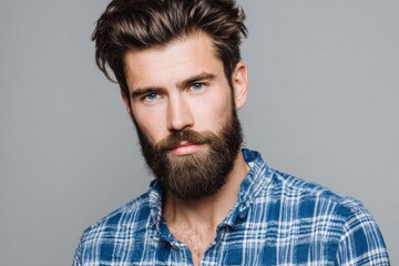 Obraz premium Handsome young man with a stylish beard and hair wearing a blue plaid shirt portrait.