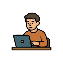 Freelancer character sitting at table using computer in minimal vector style