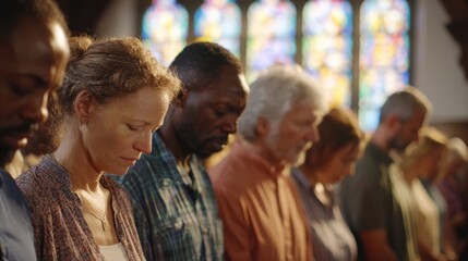 Fototapeta premium People Praying Inside Church Congregation During Religious Service Bright Interior Scene.