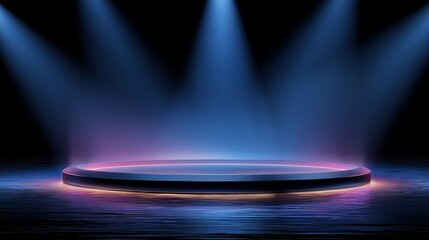 The circular platform, glowing with a blue and purple gradient on the dark blue background.