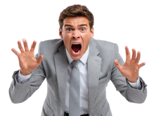 Frantic Screaming: A stressed businessperson, embodying tension, his face contorted with anguish, conveys raw emotion in a high-resolution expression of alarm and tension.