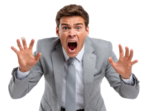 Frantic Screaming: A stressed businessperson, embodying tension, his face contorted with anguish, conveys raw emotion in a high-resolution expression of alarm and tension.