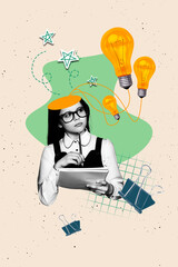 Vertical art exclusive collage of thoughtful small preteen schoolgirl hold pencil notepad light...