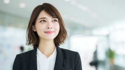 Professional young woman with shoulder-length hair in a business suit smiling confidently in modern office environment.