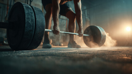 Man doing deadlifts with heavy barbell, chalk dust floating in the air.