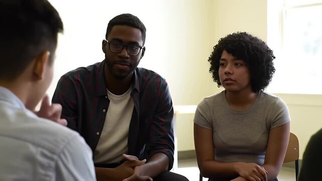 Diverse group therapy session indoors.