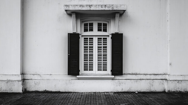 Black and white photo of a classic architectural window with opened dark shutters, showcasing intricate details and timeless design. - Powered by Adobe