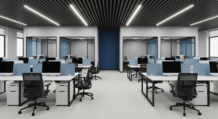 Sleek modern office interior with minimalist furniture, dark ceiling, blue accents, and pristine white floor.
