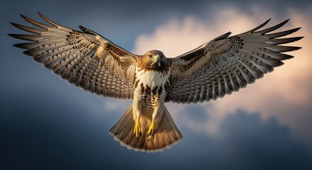 Majestic hawk hovers high above its prey, wings fully spread, poised for a powerful attack.