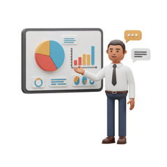 Fototapeta premium A 3D rendered businessman presenting financial data on a whiteboard, gesturing. isolated on a transparent background, png, cutout