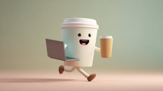 Happy coffee cup character on the run with laptop and beverage. Cartoon coffee break, working while caffeinated.  Whimsical, 3D animation style.
