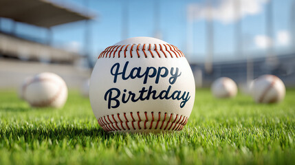 A baseball on a grassy field with "Happy Birthday" written across it. Other baseballs are out of focus in the background.