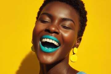 Vibrant portrait of a joyful African woman laughing with bright blue lipstick and stylish earrings against a yellow background.