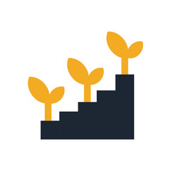 Three yellow sprouts ascend black steps, symbolizing growth; flat, minimalist design, bright light, optimistic mood, simple shapes, clean lines, graphic style, close-up view.
