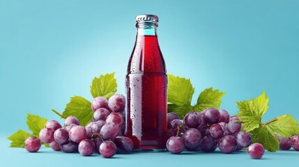 Fototapeta premium grape juice bottle surrounded by fresh grapes, bright sky background
