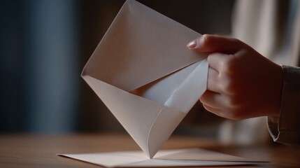 Hand opening a light beige envelope