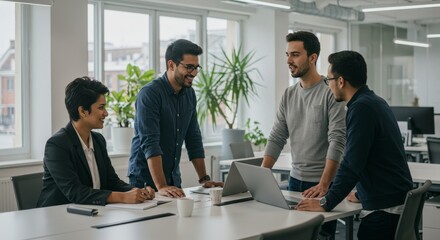 Diverse team members collaborating and discussing ideas in modern office space