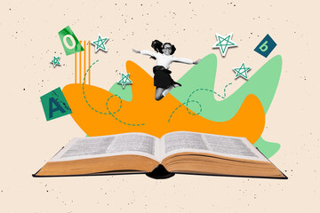 Image trendy art banner collage of happy schoolgirl jump open book literature lesson letter vocabulary education homework