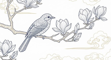 Elegant japanese bird gracefully perched on a delicate cherry blossom branch in traditional ink line art style.