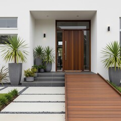 A welcoming modern home entrance featuring a stylish wooden accessibility ramp, lush green plants, and a sleek front door