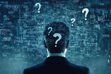 A businessman's back is to the viewer, his head overlaid with question marks against a backdrop of swirling digital code, symbolizing uncertainty and complex technological challenges