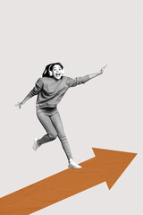Composite zine artwork pop trend collage of happy businesswoman run arrow development statistics goal achievement promotion