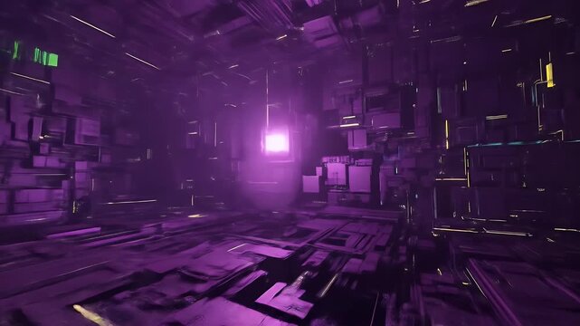 Scifi interior with purple glowing cubes and metallic floor