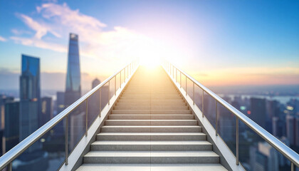 Stairs to the sky against a hazy city backdrop.