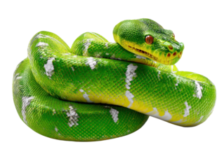 Emerald Serpent: A striking emerald serpent gracefully coiled, showcasing the vibrant green hues and intricate patterns of its scales, a captivating display of nature's artistry.