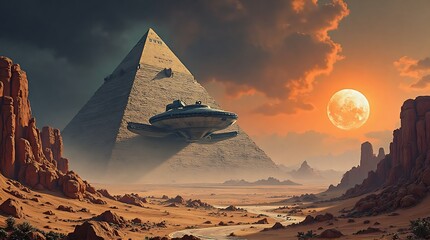 A futuristic scene showing a spacecraft hovering near a pyramid in a desert landscape.