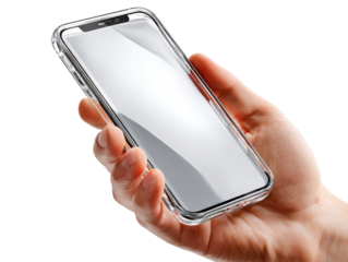 Holding Smartphone: A hand delicately cradles a sleek, modern smartphone, its illuminated screen reflecting a sense of connectivity and advanced technology.