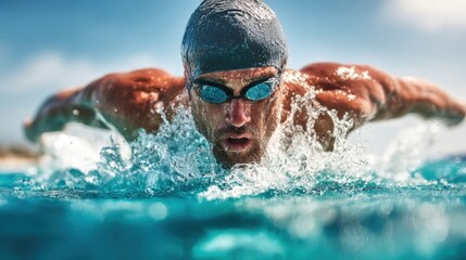Male swimmer wearing goggles and swimming cap performing butterfly stroke in pool during daytime.