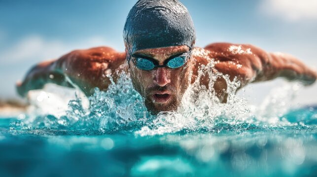 Male swimmer wearing goggles and swimming cap performing butterfly stroke in pool during daytime.