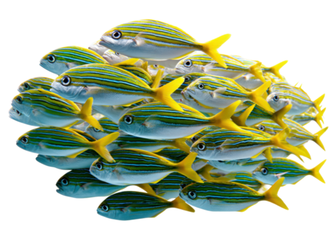 School of aquatic elegance: a mesmerizing display of vibrant fish swimming together, their synchronized movements create a living artwork of aquatic harmony.