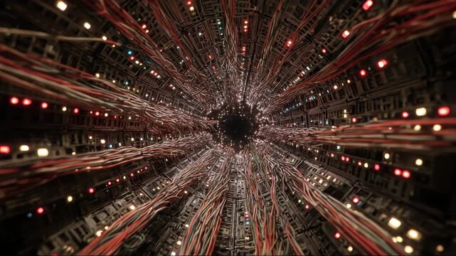 Abstract view of tangled wires and LED lights in a circular pattern  