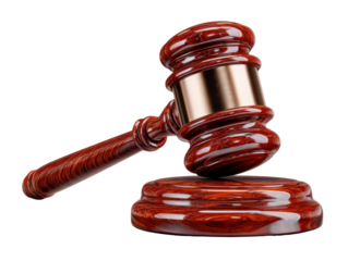 Gavel of Justice: A polished wooden gavel resting on its sound block. The gavel is a symbol of justice, order, and the law.