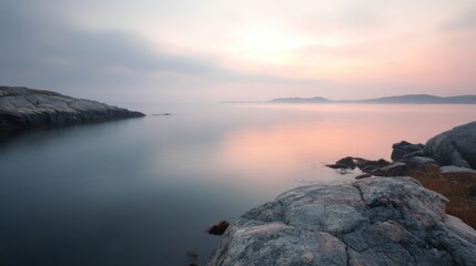Obraz premium Flat landscape in Norway, dawn, mist and fog, towards the right in the background the coast begin 