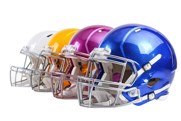 Fototapeta premium Football helmets displayed in colorful array sports equipment studio. Isolated on transparent background, png.