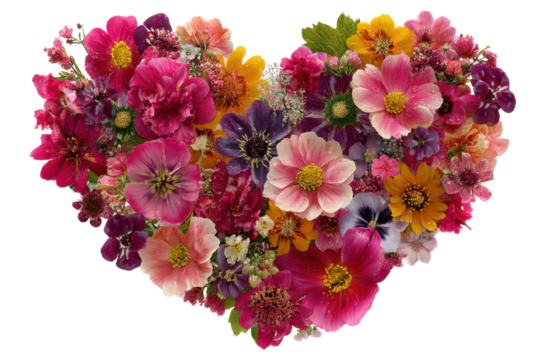 Colorful floral heart decoration nature digital art vibrant love. Isolated on transparent background, png.