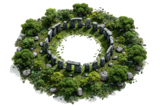 Exploring ancient stone circle remote forest digital art nature. Isolated on transparent background, png.