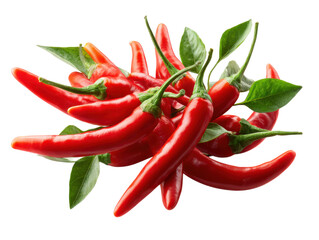 Vibrant Chili Peppers with Leaf: A cluster of ripe, fiery red chili peppers, each a symbol of bold flavor, are artfully arranged amidst fresh green leaves.