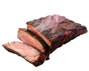 Sliced smoked beef brisket with a dark crust and pink interior. Steam rises from the freshly cut meat, showcasing its juicy texture.
