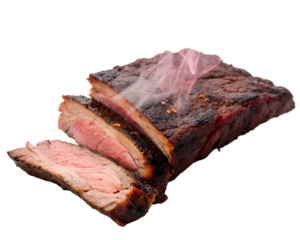 Sliced smoked beef brisket with a dark crust and pink interior. Steam rises from the freshly cut meat, showcasing its juicy texture.