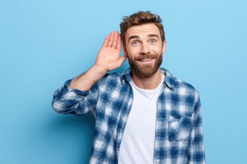 Happy young man with beard in casual plaid shirt listening and hearing secret.