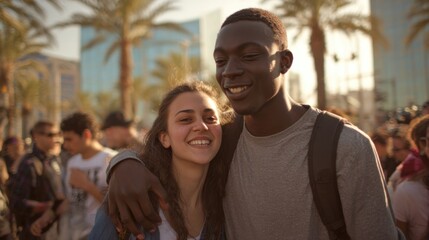 Two smiling young adults enjoying outdoor gathering in sunny urban park scene.