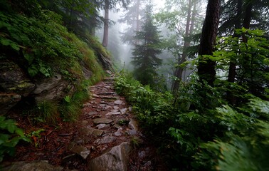Obraz premium Misty Forest Path Stone Steps Winding Through Lush Green Vegetation