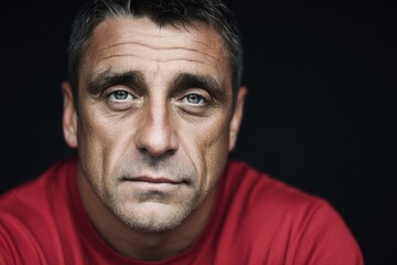 Fototapeta premium Close-up portrait of serious middle-aged man with intense expression and piercing eyes.